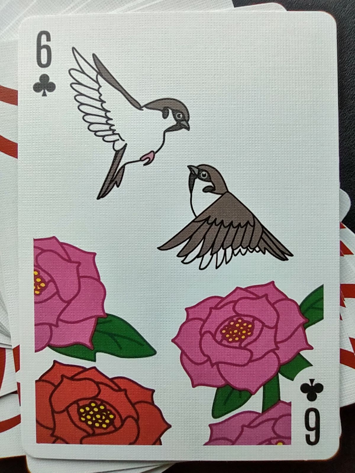 6 of clubs. From the Bicycle Sparrow Hanafuda deck.