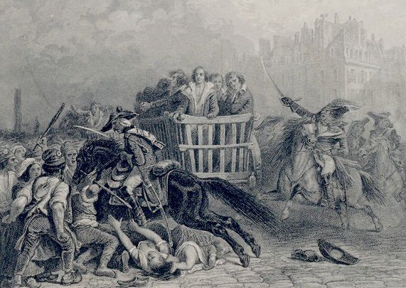 Victims of the guillotine off in their tumbrel. Engraving, titled "The Last Chariot of Thermidor," via Wikimedia Commons.